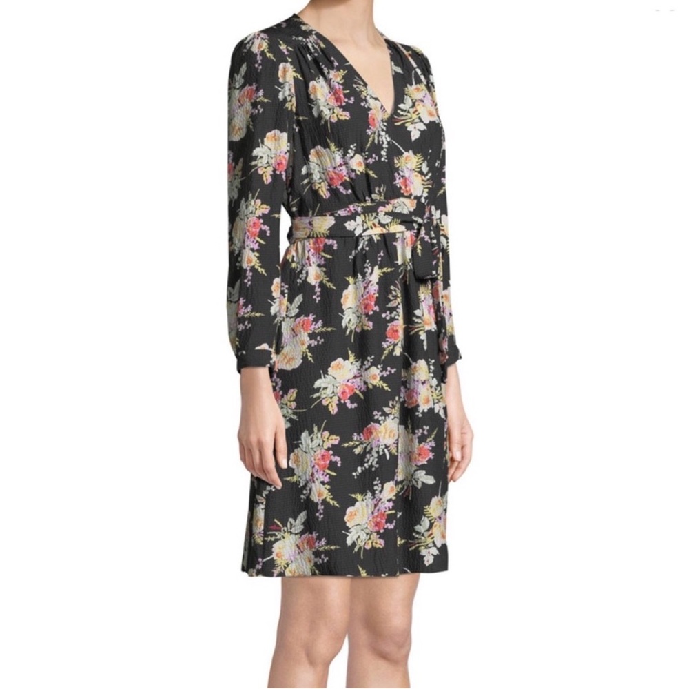 Rebecca Taylor 100% Silk Black Floral Belted A-Line Mini Dress Size 0